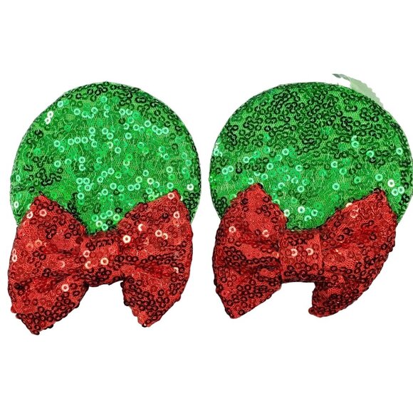 Minnie Mouse Ears Barretts Christmas Sequins Red Hair Bow Clips Hair Accessories - Picture 1 of 12
